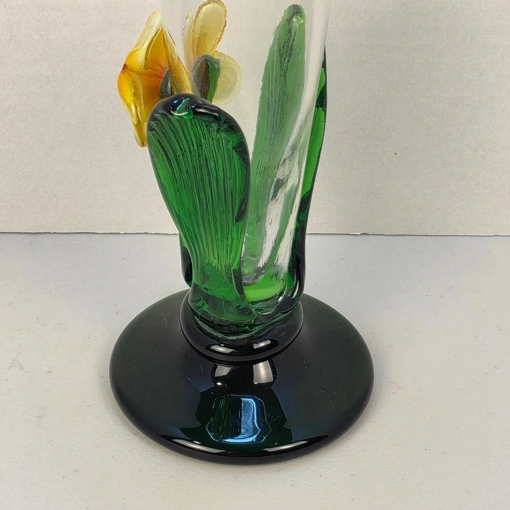 Vintage Czech Glass Flower Vase Yellow Green‎ Hand Blown Unbranded Ruffle Rim
